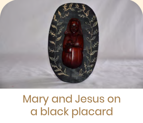Mikono Mary and Jesus on a black placard