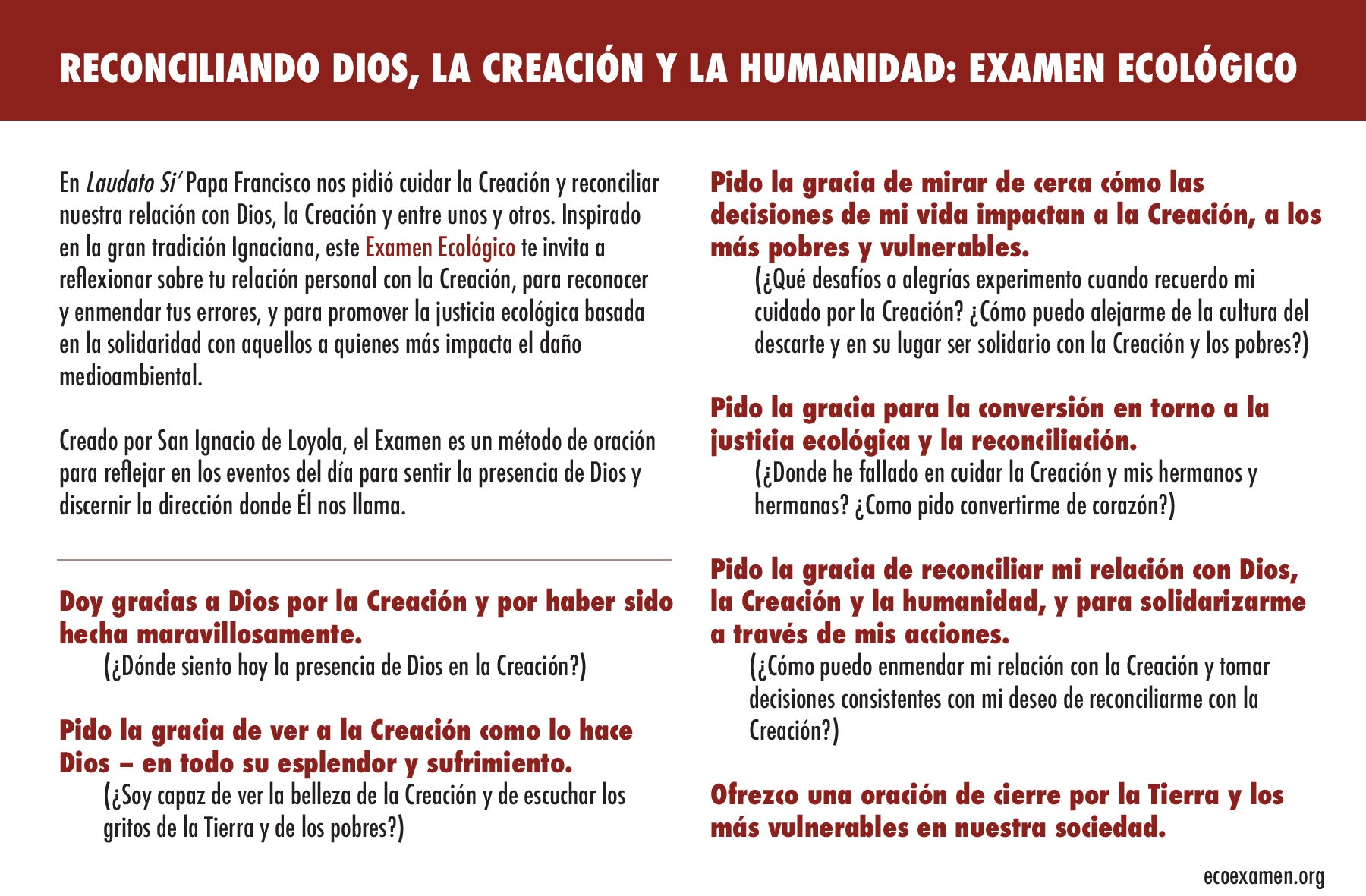 Ecological Examen Prayer (Spanish) - Indigenous Community (Pack of 25)